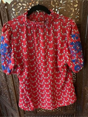 Red Floral Puff Sleeve Top with Blue Embroidered Sleeves